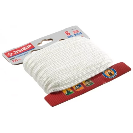 Шнур ЗУБР полиамидный, плетеный, повышенной нагрузки, без сердечника, белый, d 6, 20м 50320-06-020 купить в Кургане