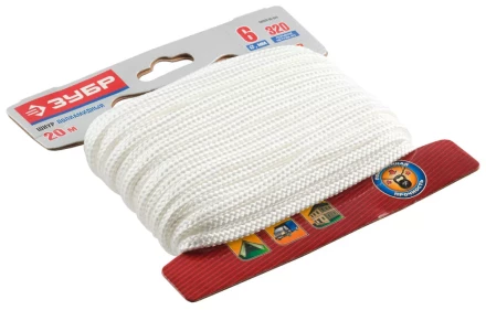 Шнур ЗУБР полиамидный, плетеный, повышенной нагрузки, без сердечника, белый, d 6, 20м 50320-06-020 купить в Кургане