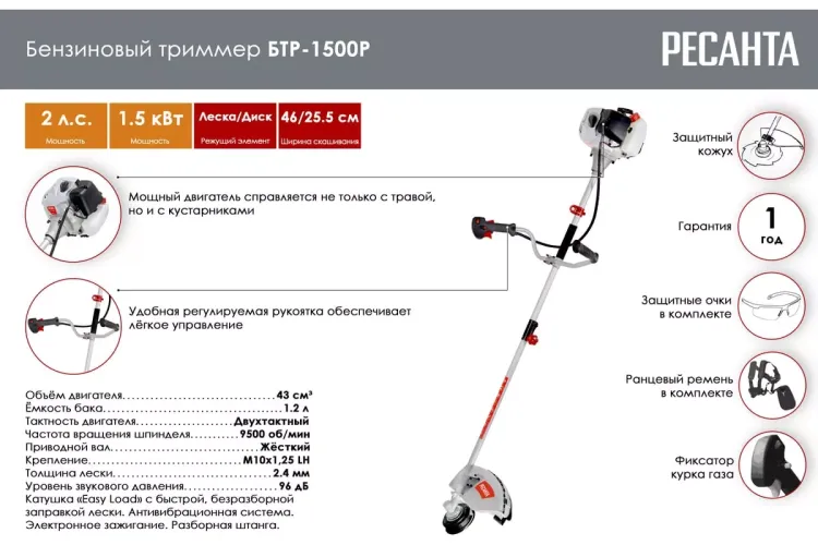 Триммер бензиновый Ресанта БТР-1500Р 70/2/36 купить в Кургане