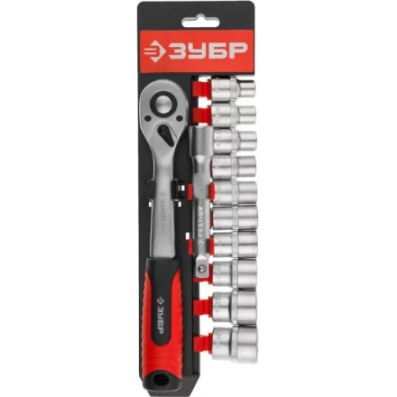 Набор ЗУБР &quot;МАСТЕР&quot;: Торцовые головки (1/2&quot;) на пластиковом рельсе, трещотка, удлинитель, Cr-V, 10-24мм, 12 предметов 27647-H12 купить в Кургане
