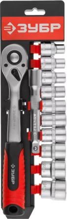 Набор ЗУБР &quot;МАСТЕР&quot;: Торцовые головки (1/2&quot;) на пластиковом рельсе, трещотка, удлинитель, Cr-V, 10-24мм, 12 предметов 27647-H12 купить в Кургане