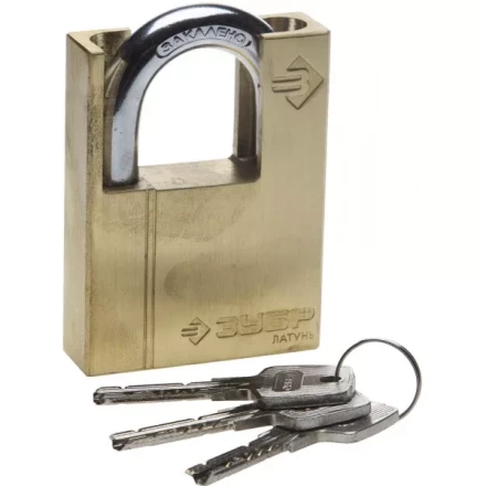 Замок ЗУБР "ЭКСПЕРТ" навесной, латунный корпус, закаленная дужка, с дополнительной защитой, 60мм 37297-60 купить в Кургане