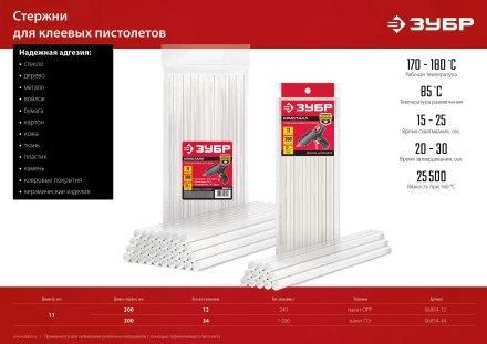 ЗУБР 11 х 200 мм, 12 шт, прозрачные универсальные клеевые стержни (06854-12) купить в Кургане