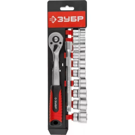 Набор ЗУБР &quot;МАСТЕР&quot;: Торцовые головки (3/8&quot;) на пластиковом рельсе, трещотка, удлинитель, Cr-V, 10-19мм, 12 предметов 27646-H12 купить в Кургане