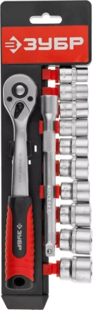 Набор ЗУБР &quot;МАСТЕР&quot;: Торцовые головки (3/8&quot;) на пластиковом рельсе, трещотка, удлинитель, Cr-V, 10-19мм, 12 предметов 27646-H12 купить в Кургане