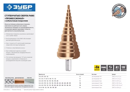 Сверло ЗУБР &quot;КОБАЛЬТ&quot; ступен. по сталям, цв.мет.ст.Р6М5 с кобальт.покрыт.d4-30 мм,14ст.d4-30, L-100мм, трехгр.хв. 10мм 29672-4-30-14 купить в Кургане
