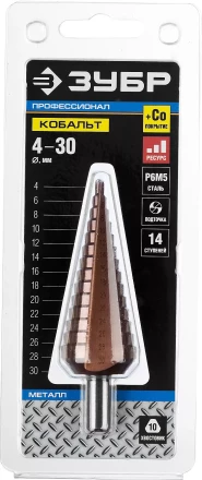 Сверло ЗУБР &quot;КОБАЛЬТ&quot; ступен. по сталям, цв.мет.ст.Р6М5 с кобальт.покрыт.d4-30 мм,14ст.d4-30, L-100мм, трехгр.хв. 10мм 29672-4-30-14 купить в Кургане