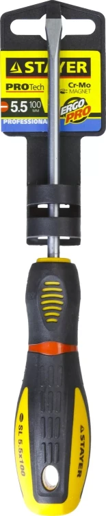 Отвертка STAYER "PROFI" "PROTech", двухкомп рукоятка, намагниченная, Cr-Mo, SL5,5x100мм 25131-05-10_z02 купить в Кургане