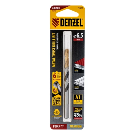 Сверло спиральное по металлу Denzel 6,5 x 93мм, Р6М5, Golden Tip, многогранная заточка, 718279 купить в Кургане
