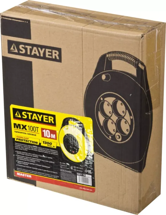 Удлинитель на катушке "MX100T", 10 м, 4 гнезда, ПВС 2x0,75 кв мм, 1300 Вт, STAYER 55071-10 купить в Кургане
