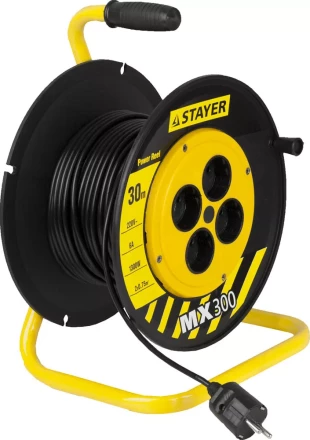 Удлинитель на катушке, 30 м, 1300 Вт, 4 гнезда, ПВС 2x0,75 мм2, STAYER 55073-30 купить в Кургане
