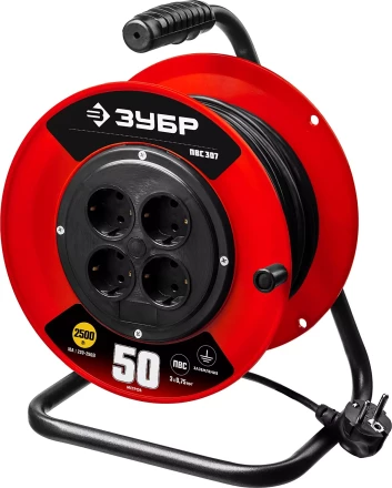 Удлинитель на катушке &quot;ПВС 307&quot;, 50 м, 2500 Вт, 4 гнезда, ПВС 3х0,75 кв мм, ЗУБР 55083-50 купить в Кургане