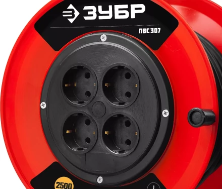 Удлинитель на катушке &quot;ПВС 307&quot;, 50 м, 2500 Вт, 4 гнезда, ПВС 3х0,75 кв мм, ЗУБР 55083-50 купить в Кургане